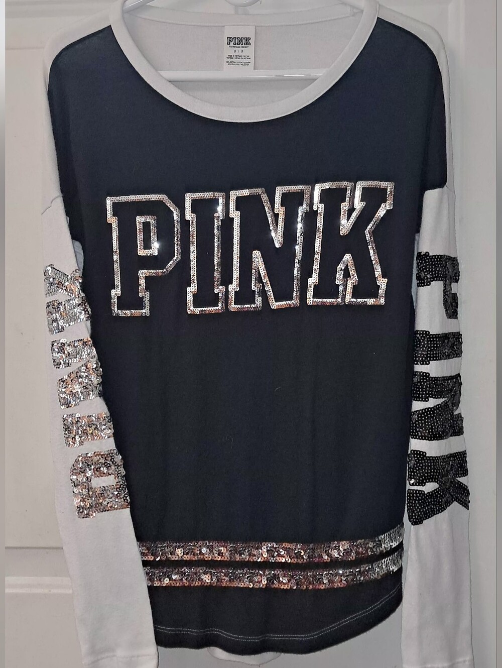Pink VS. Rare  "Campus Bling" Womans Small  Pullover Bling Bling Shirt. Multi